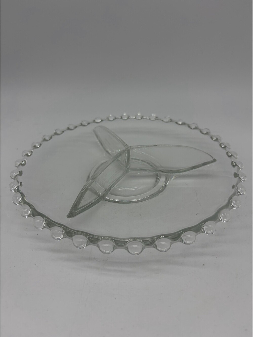 Vintage 3 Part Divided Relish Dish Beaded Candlewick Imperial Glass Plate  7.5”